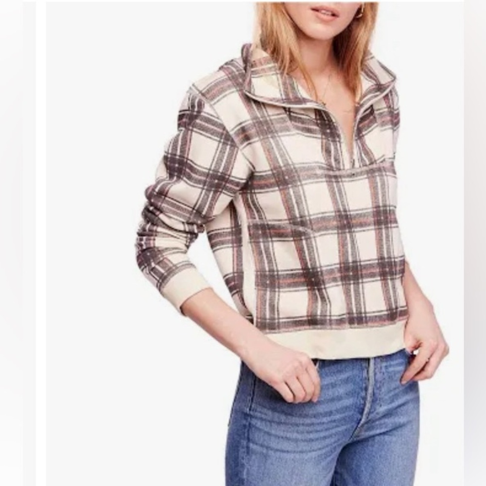 Free People Plaid Quarter Zip Sweatshirt Pullover Size XS why knot